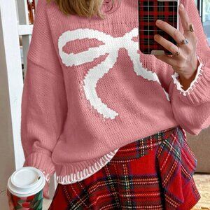 Baby Pink Women's Casual Long Sleeve Pullover Sweater with Bow